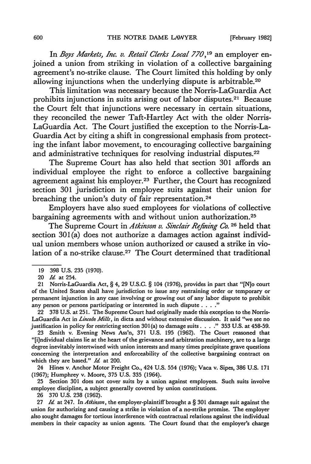 THE NOTRE DAME LAWYER [February 1982] In Boys Markets, Inc. v.