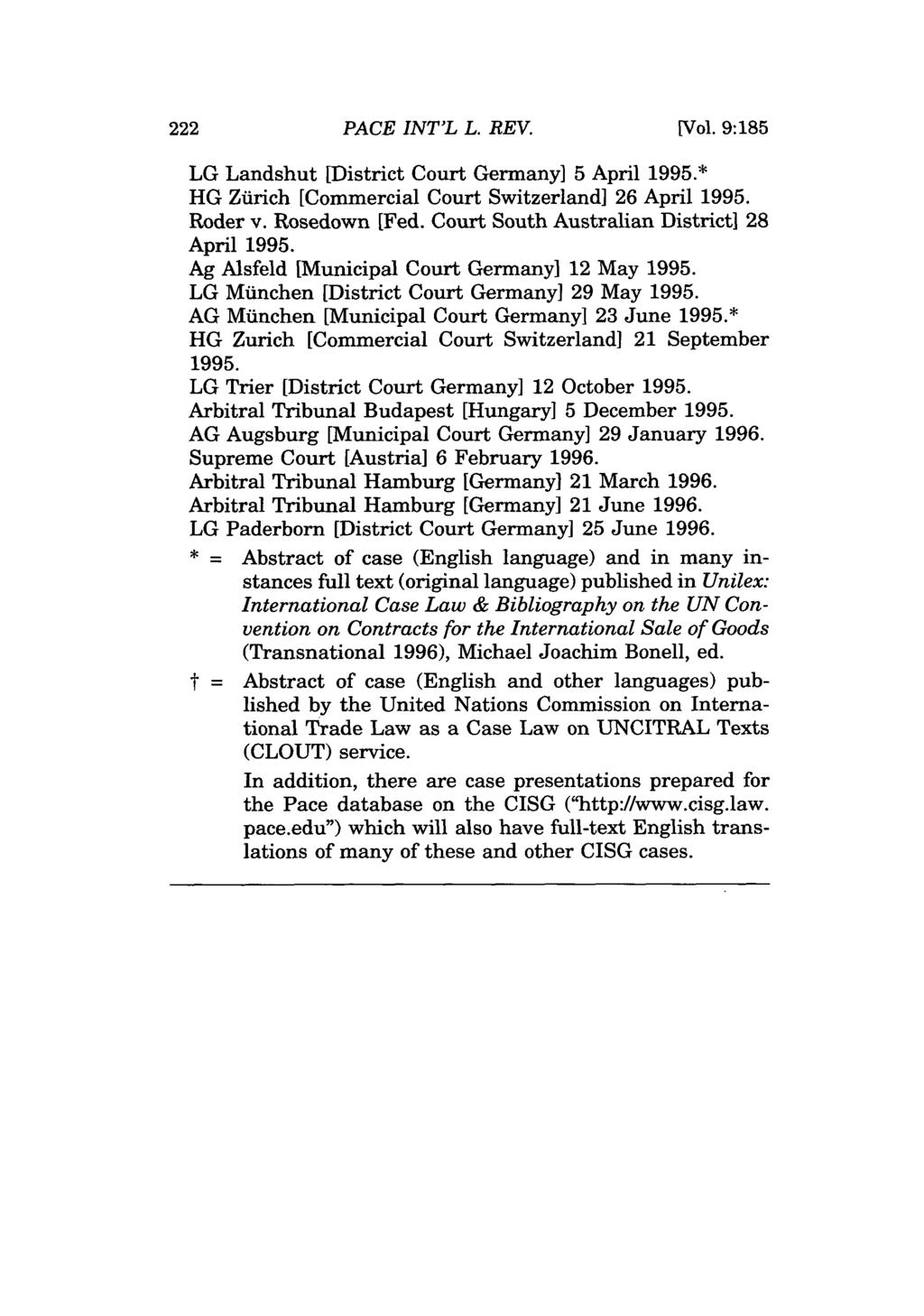 PACE INT'L L. REV. [Vol. 9:185 t = LG Landshut [District Court Germany] 5 April 1995.* HG Zirich [Commercial Court Switzerland] 26 April 1995. Roder v. Rosedown [Fed.