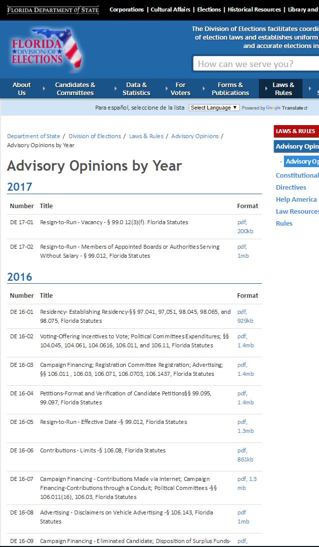 Advisory Opinions 2017 (2) Subject Matter o Resign to run 2016 (17) Subject Matter o Campaign Finance/ Contributions (6) o Political