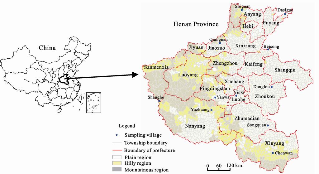 Geography and Rural Household Income: A Village Level Study in Henan Province, China 3 Fig. 1 Location sketch of 11 sampling villages in Henan Province measured by laborers average schooling.