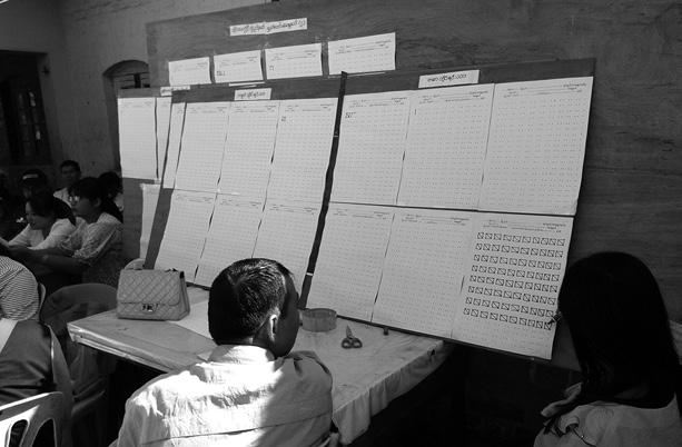 Polling staff count results at a polling station in Shan state. The Carter Center found that the legal framework does not sufficiently regulate the procedures for tabulation of results.