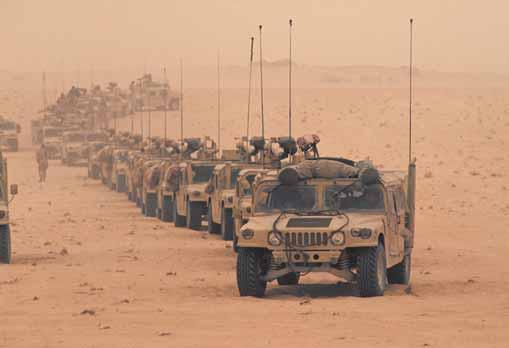 2 CHAPTER 1 THE FIRST GULF WAR This photograph, taken in the Saudi desert, shows U.S. marines in Hummers lining up to enter Kuwait in the 1991 war that expelled Iraqi troops from Kuwait.