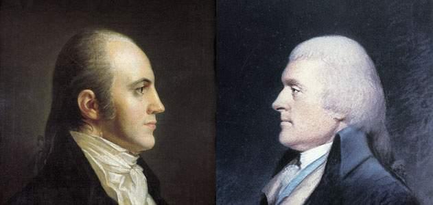 Both Democratic-Republican candidates (Jefferson and Burr) received 73 electoral votes. Aaron Burr is on the left. Thomas Jefferson is on the right.
