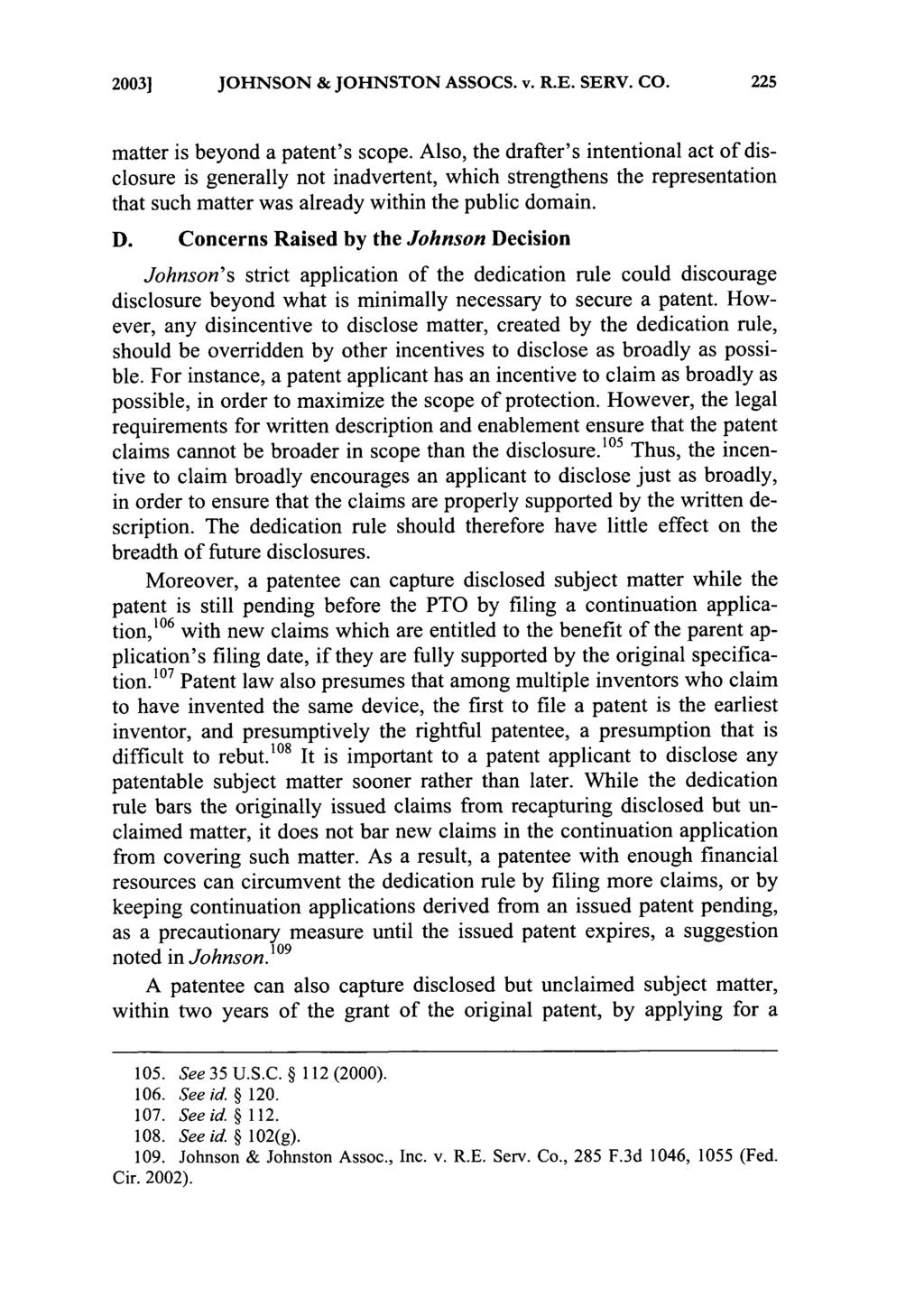 2003] JOHNSON & JOHNSTON ASSOCS. v. R.E. SERV. CO. matter is beyond a patent's scope.
