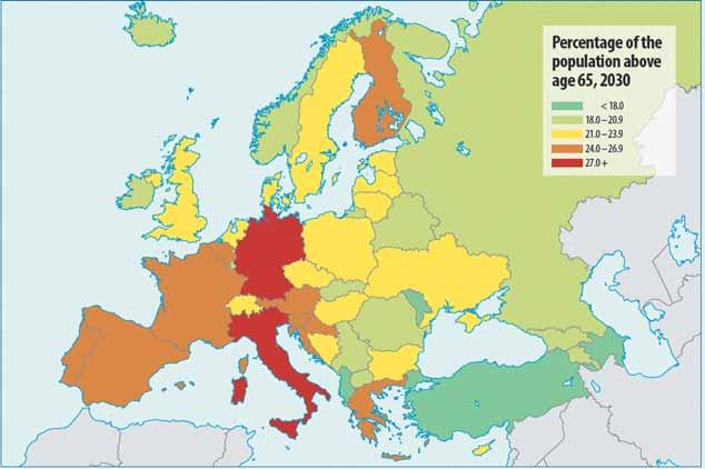 10 Emerging Population Issues in Eastern Europe and Central Asia: Figure 5: Map of projected proportions of the population above the age of 65 in the countries of Eastern and Western Europe As a