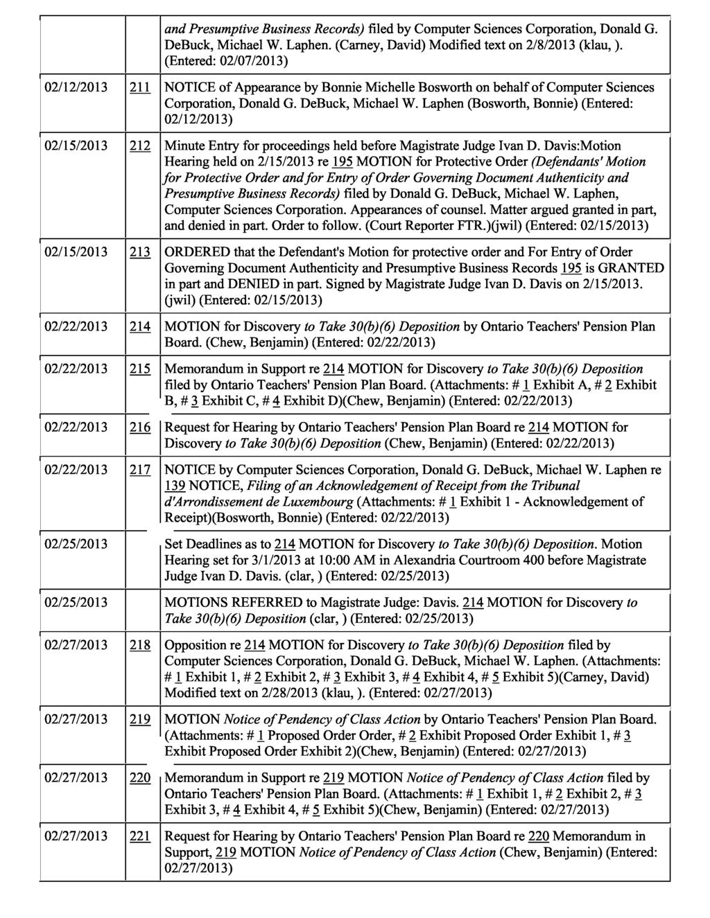 and Presumptive Business Records) filed by Computer Sciences Corporation, Donald G. DeBuck, Michael W. Laphen. (Carney, David) Modified text on 2/8/2013 (klau, ).