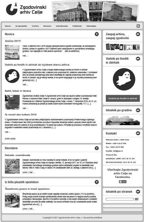 Na sliki 3 je prikazana vstopna spletna stran Pokrajinskega arhiva v Mariboru. Za uporabnika najpomembnejše povezave so zbrane v spodnjem levem kotu spletne strani.