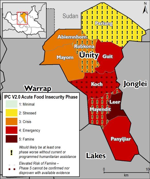 Famine (IPC Phase 5) likely occurring in part of Unity State The potential for Famine in Unity State has been a concern since the onset of conflict in 2013/14 and was highlighted most recently in