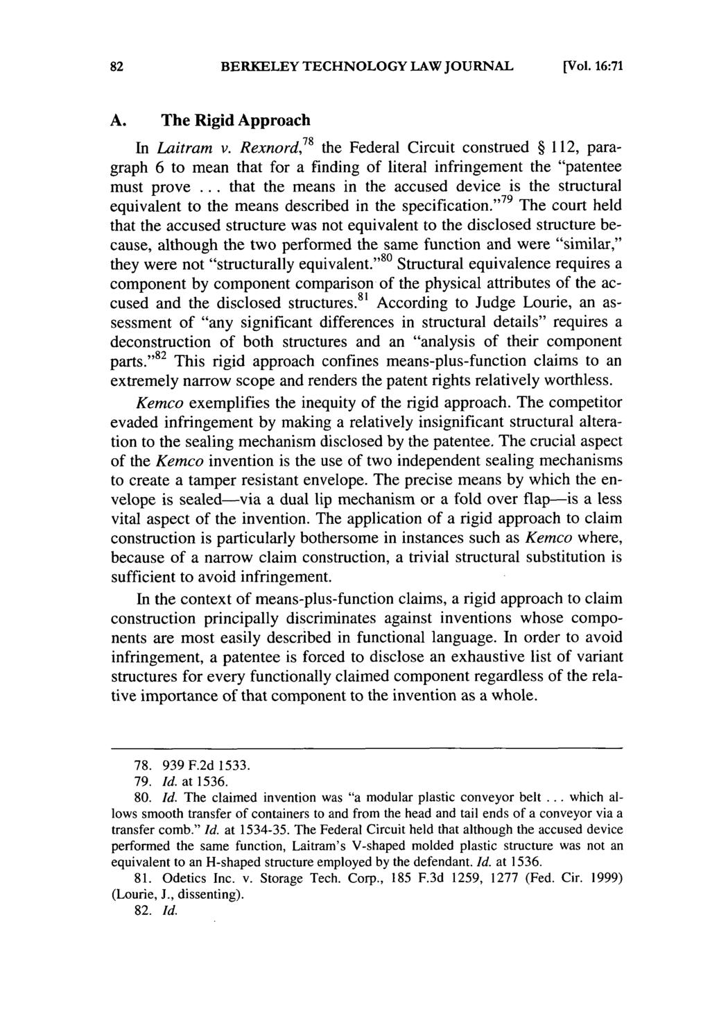 BERKELEY TECHNOLOGY LAW JOURNAL [Vol. 16:71 A. The Rigid Approach In Laitram v.