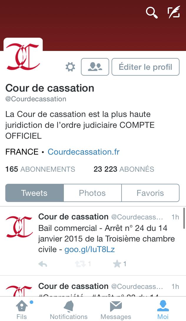 Documentary resources / Twitter the Cour de cassation has an account on Twitter @Courdecassation with 23.