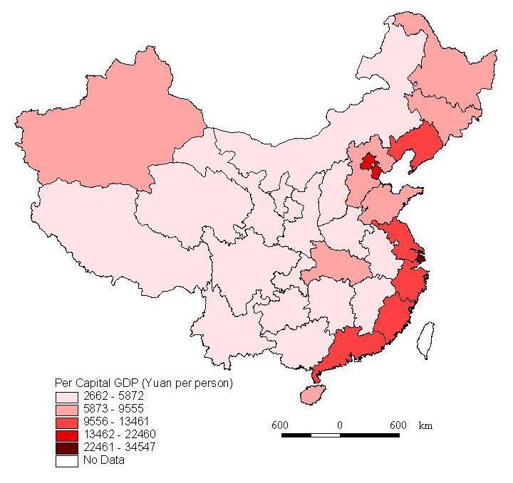 China in 2000. Per Capita GDP at provincial-level reduces sharply from the coastal regions to the middle and western inland regions. 30000.0 3.5 25000.0 20000.0 15000.0 10000.0 5000.0 3.0 2.5 2.0 1.5 1.