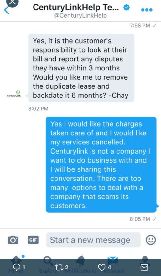 poor customer service. Upon terminating CenturyLink s services, Ms. Hanifen s account reflected as she confirmed with CenturyLink that she had a $26.00 credit she was owed. Ms. Hanifen expected to receive a refund check.