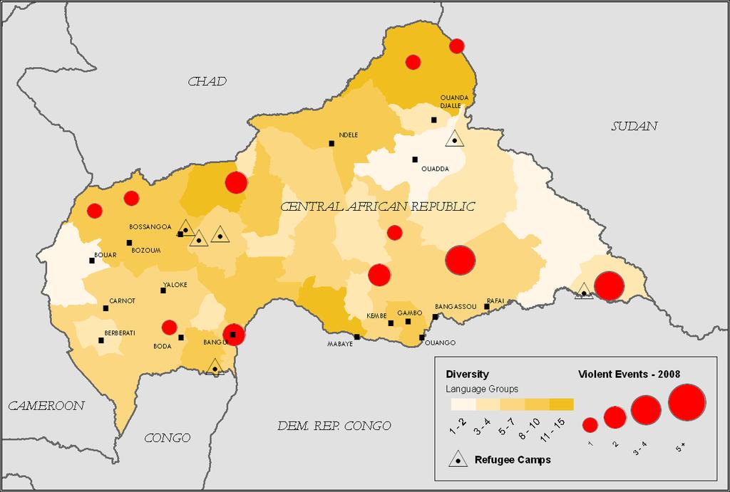 Map 5: Violence patterns in 2008 The region has recently seen inter-ethnic fighting between the Ronga and Goula peoples over land ownership near Baidou, about 600km north-east of Bangui, while rebel