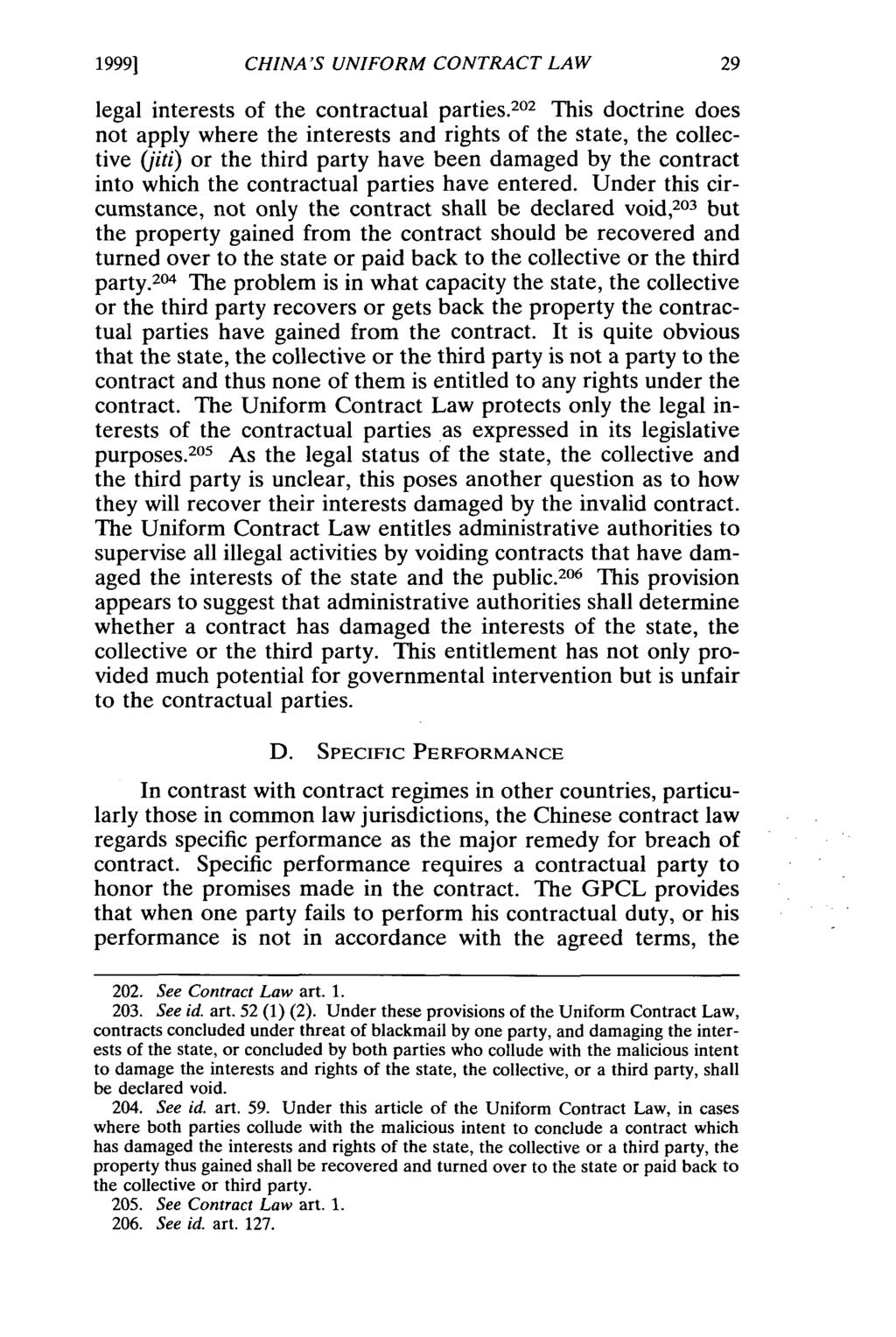 19991 CHINA'S UNIFORM CONTRACT LAW legal interests of the contractual parties.