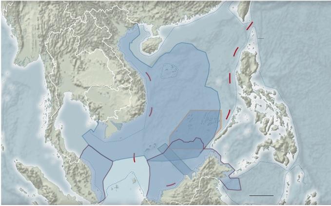 A.6 Conflicting Claims in South China Sea 243 This map shows the combined maritime boundary claims of the six different countries disputing Spratly