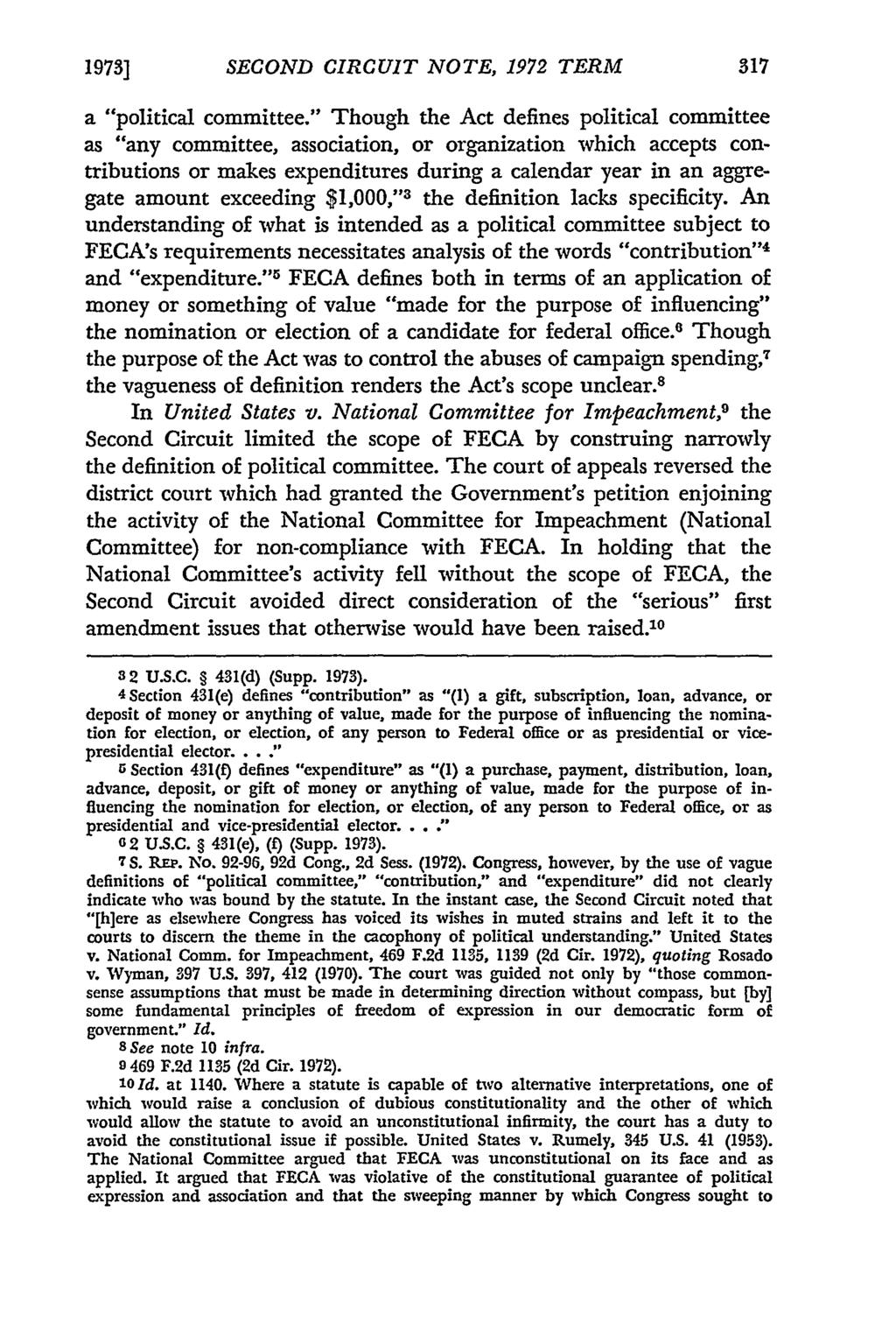 1973] SECOND CIRCUIT NOTE, 1972 TERM a "political committee.