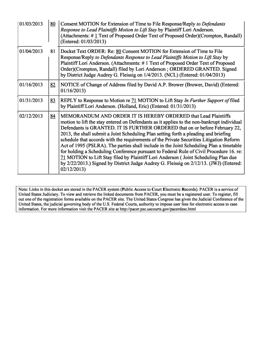 01/03/2013 80 Consent MOTION for Extension of Time to File Response/Reply to Defendants Response to Lead Plaintiffs Motion to Lift Stay by Plaintiff Lori Anderson.