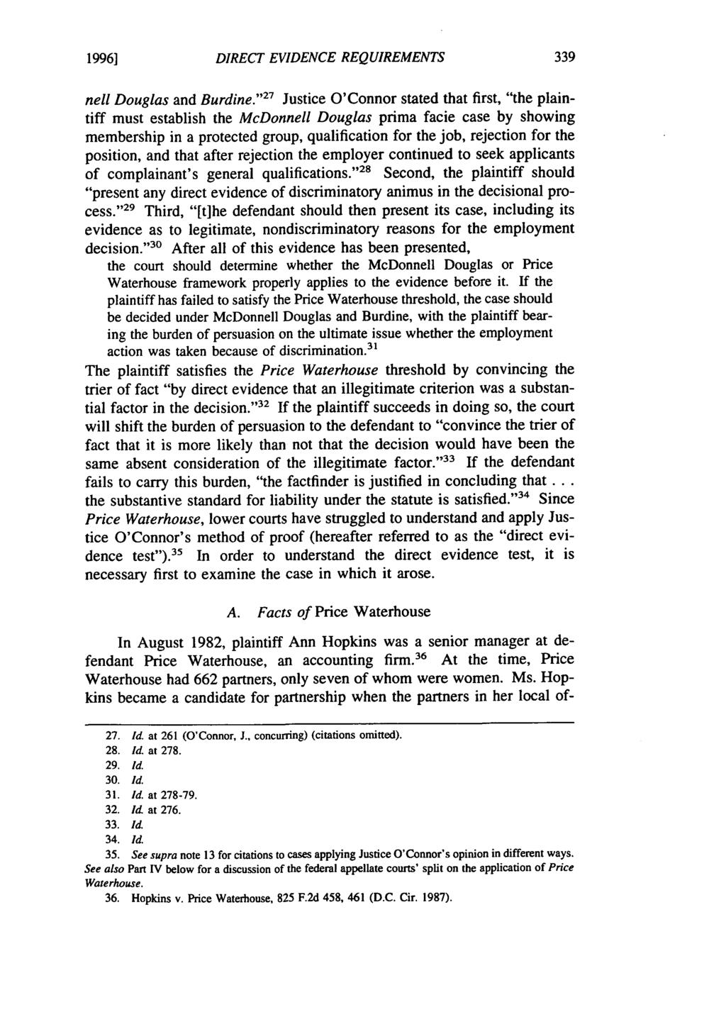 1996] DIRECT EVIDENCE REQUIREMENTS nell Douglas and Burdine.