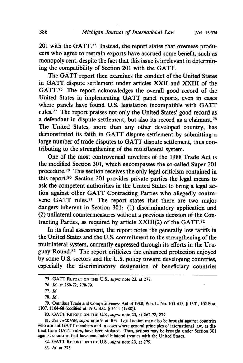 Michigan Journal of International Law [Vol. 13:374 201 with the GATT.