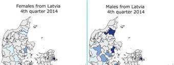CONTEXT: The regional structures of settling of immigrants from Latvia show the same gender context as those from Estonia, but even with more clear patterns.