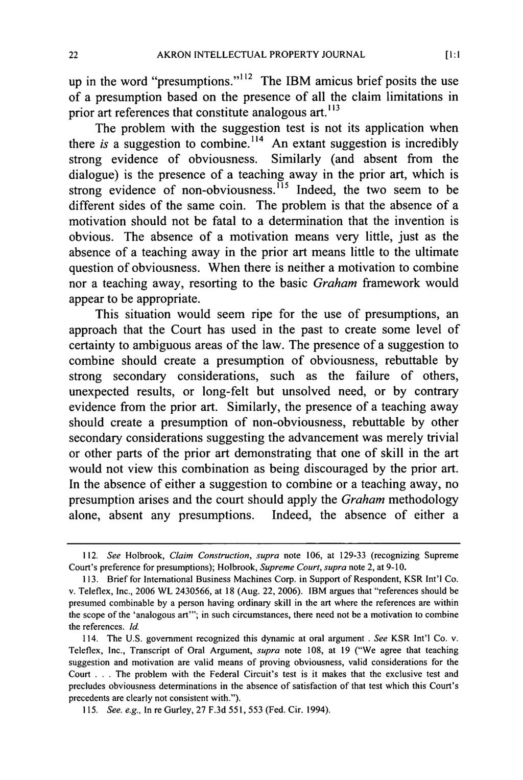 Akron Intellectual Property Journal, Vol. 1 [2007], Iss. 1, Art. 1 AKRON INTELLECTUAL PROPERTY JOURNAL up in the word "presumptions.