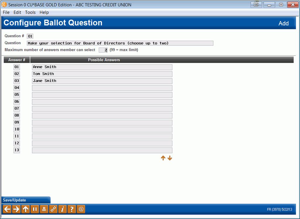 CREATING BALLOT QUESTIONS AND ANSWERS To create questions for your online ballot select Add Question (F6) from the ballot configuration screen (see page 8).