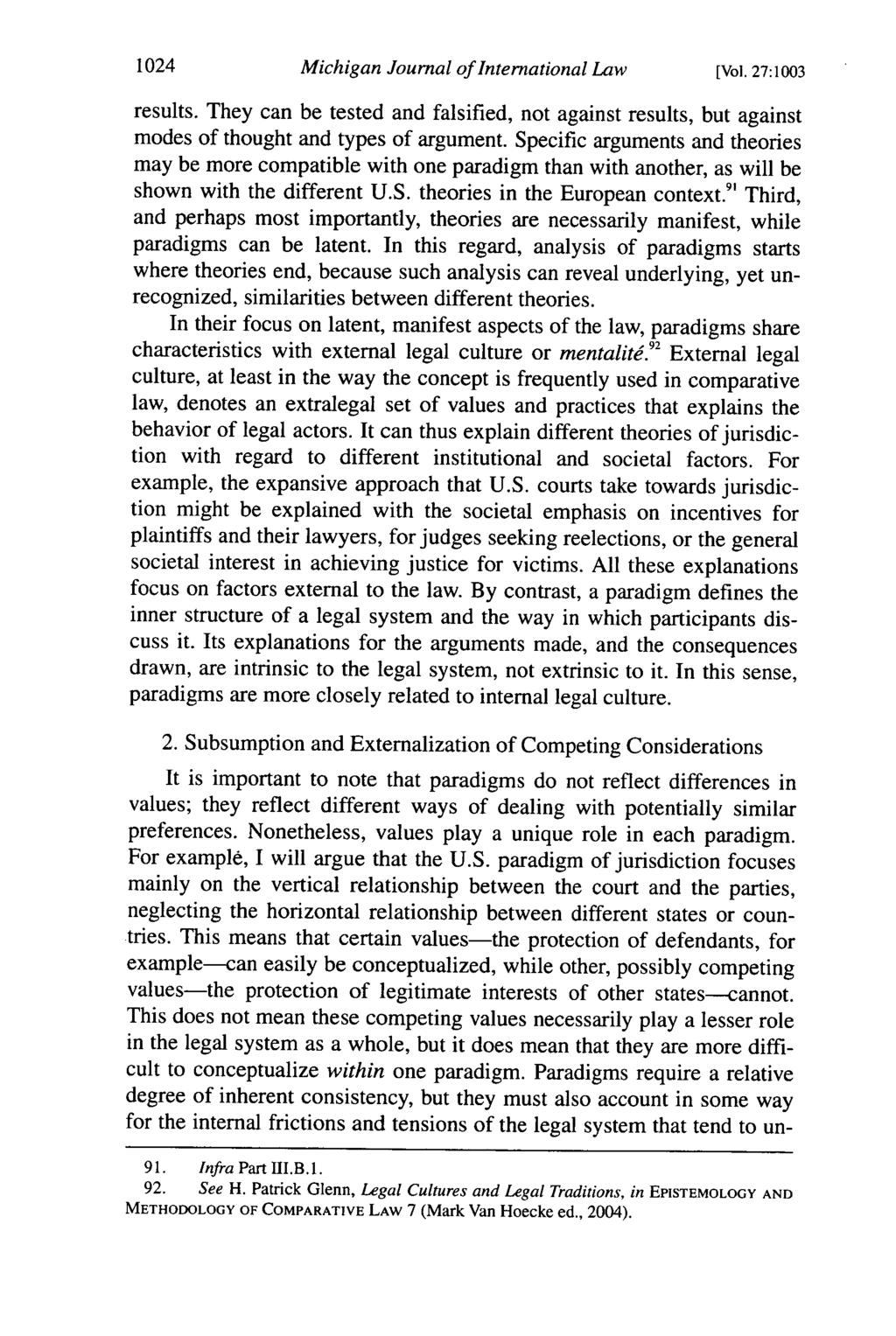 1024 Michigan Journal of International Law [Vol. 27:1003 results. They can be tested and falsified, not against results, but against modes of thought and types of argument.