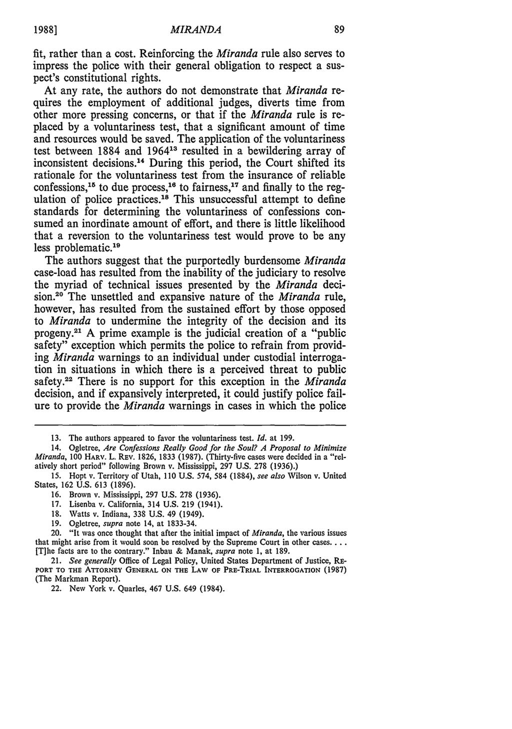 1988] Lippman: OPINION OF A SCHOLAR - A Commentary on Inbau and Manak's "Miranda MIRANDA fit, rather than a cost.