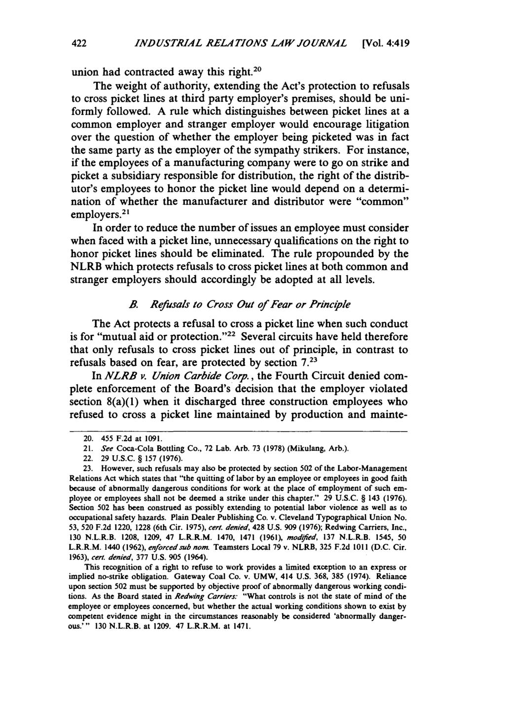 422 INDUSTRIAL RELATIONS LAW JOURNAL [Vol. 4:419 union had contracted away this right.
