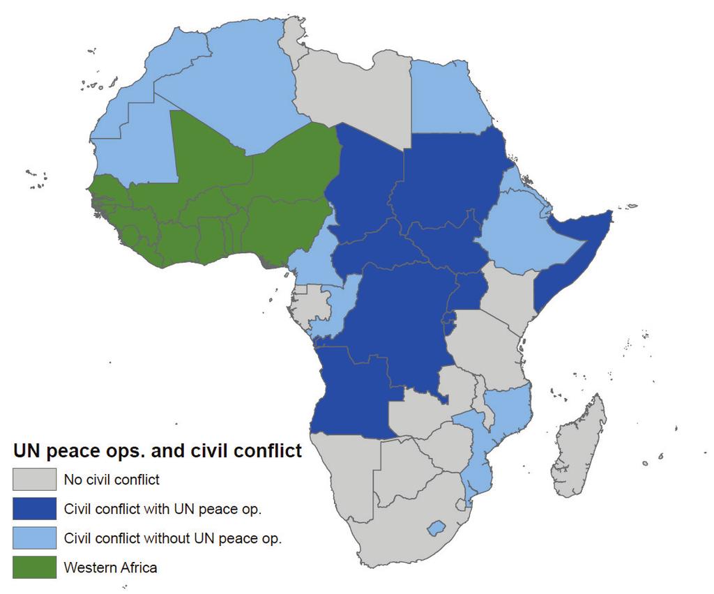 Figure 2: Civil conflicts and UN peace operations in Africa, 1989-2010 Note: The map displays the 23 countries in Central, Eastern, North, and Southern Africa that experienced a civil conflict