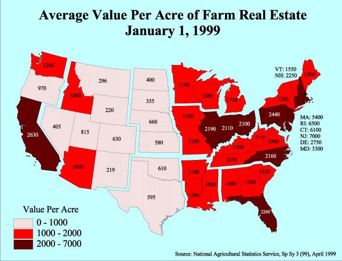 The next map shows the average value of land and buildings per acre at the state-level. www.econ.ag.gov/briefing/landuse/rvalqa2x.