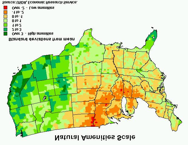 Furthermore, it turns out that amenity levels are actually lower in rural areas than in urban areas of the Northeast, as the following map prepared by the USDA shows. http://www.econ.ag.