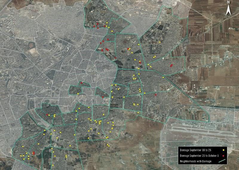 Satellite imagery analysis comparing data from 18 September, 25 September and 1 October 2016, and showing structures in an area of eastern Aleppo city of 65km 2 that were damaged or destroyed between