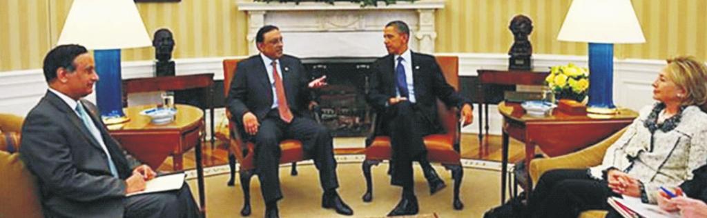Former Ambassador Hussain Haqqani accompanying then President Asif Zardari to a meeting in the Oval Office on December 14, 2011 with the then President Barrack Obama and Former Secretary of State