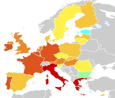 Figure 5. Average government debt as a percentage of annual GDP for the European Union. Note the lower levels of debt in Eastern Europe relative to Western Europe.