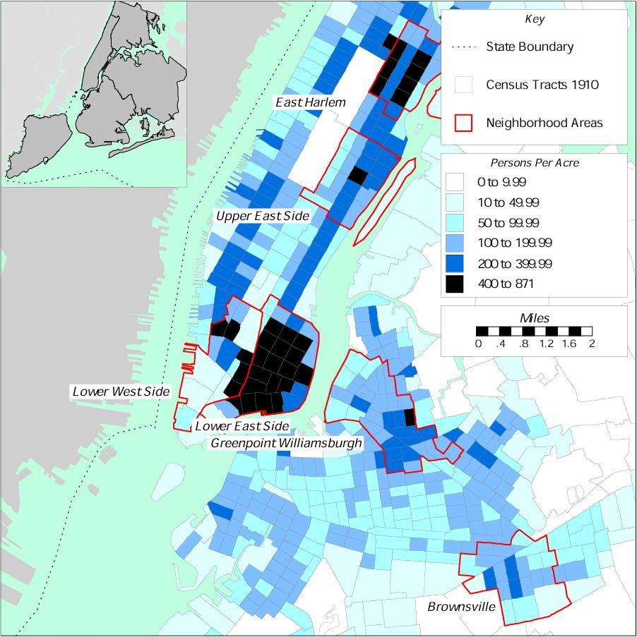 East Harlem, the Lower East Side, and the Lower West Side had the highest population density in turnof-the-century New York.