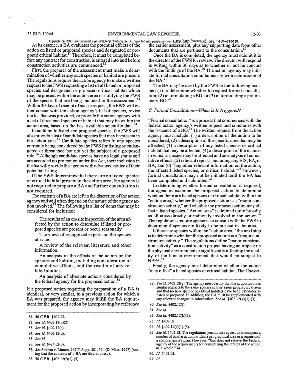 33 ELR 10944 ENVIRONMENTAL LAW REPORTER 12-03 Copyright 2003 Environmental Law Institute, Washington, DC. reprinted with permission from ELR, http://www.eli.org. 1-800-433-5120.