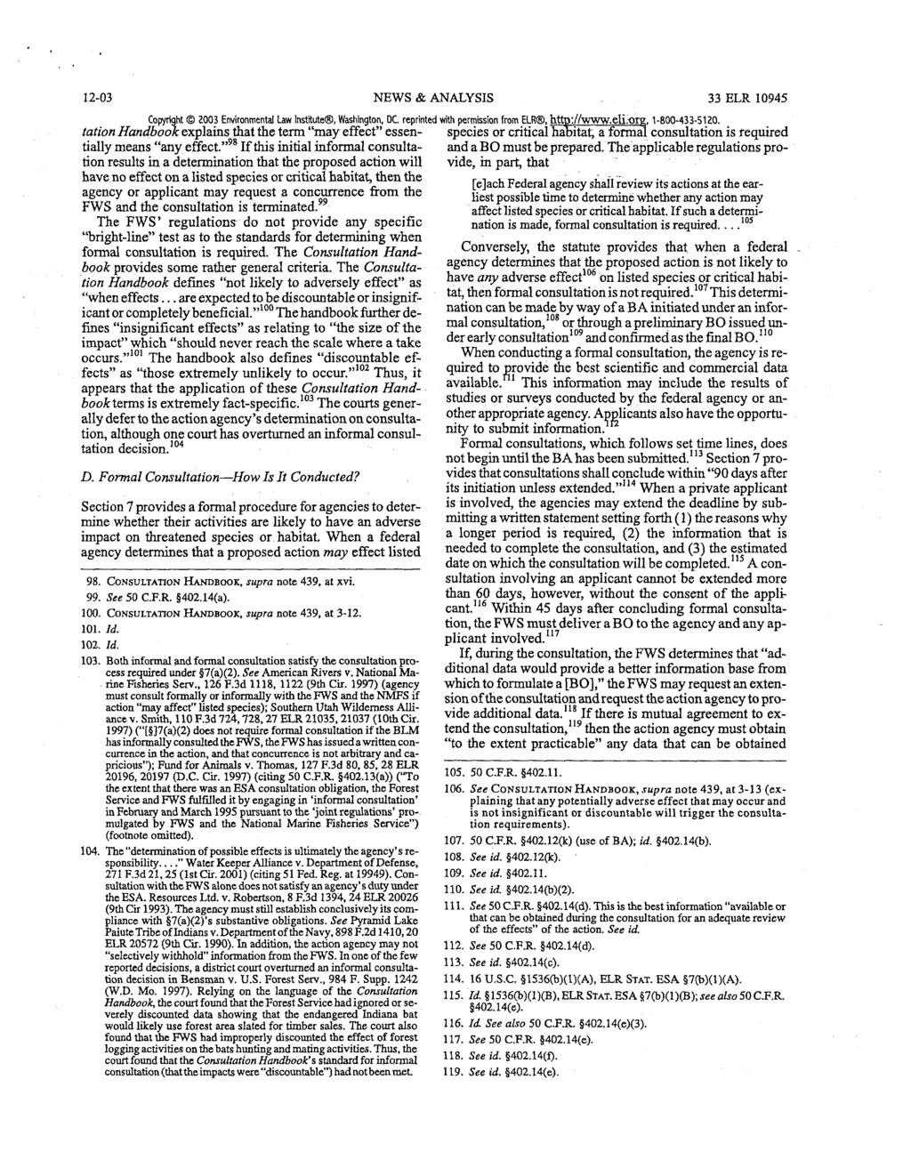12-03 NEWS & ANALYSIS 33 ELR 10945 Copyright 2003 Environmental Law Institute, Washington, DC. reprinted with permission from ELR, http://www.eli.org. 1-800-433-5120.