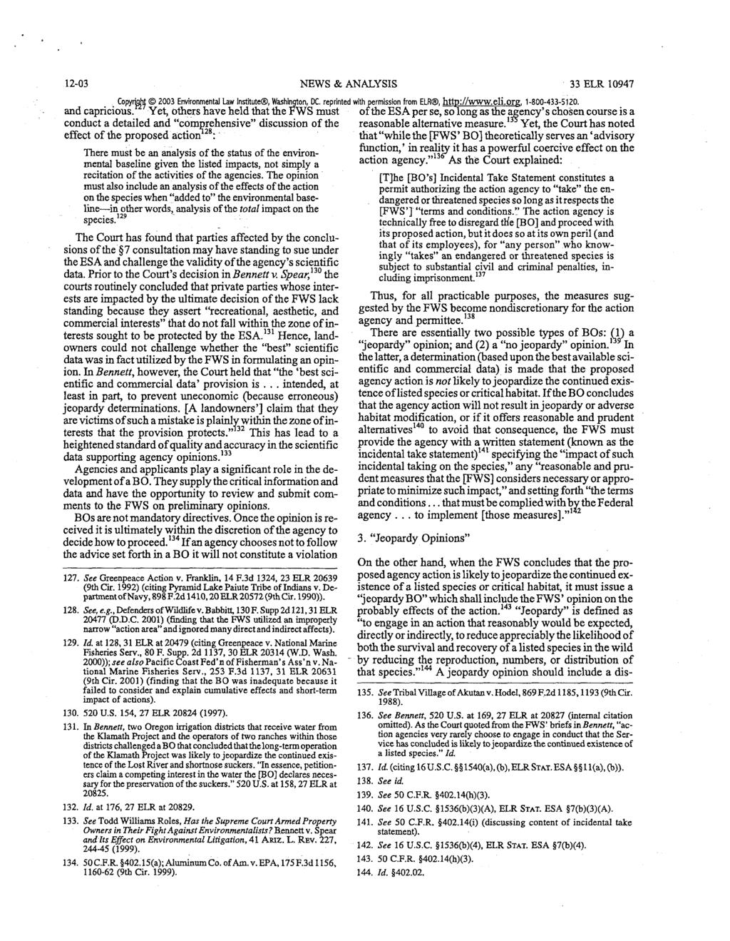 12-03 NEWS & ANALYSIS 33 ELR 10947 CopyrWrt 2003 Environmental Law Institute, Washington, DC. reprinted with permission from ELR, http://www.eli.org. 1-800-433-5120. and capricious.