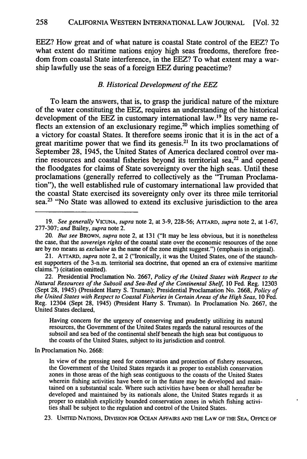 258 California Western International Law Journal, Vol. 32 [2001], No. 2, Art. 4 CALIFORNIA WESTERN INTERNATIONAL LAW JOURNAL [Vol. 32 EEZ?