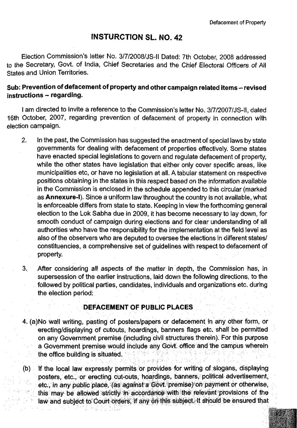 Defacement of Property INSTURCTION SL. NO. 42 Election Commission's letter No.