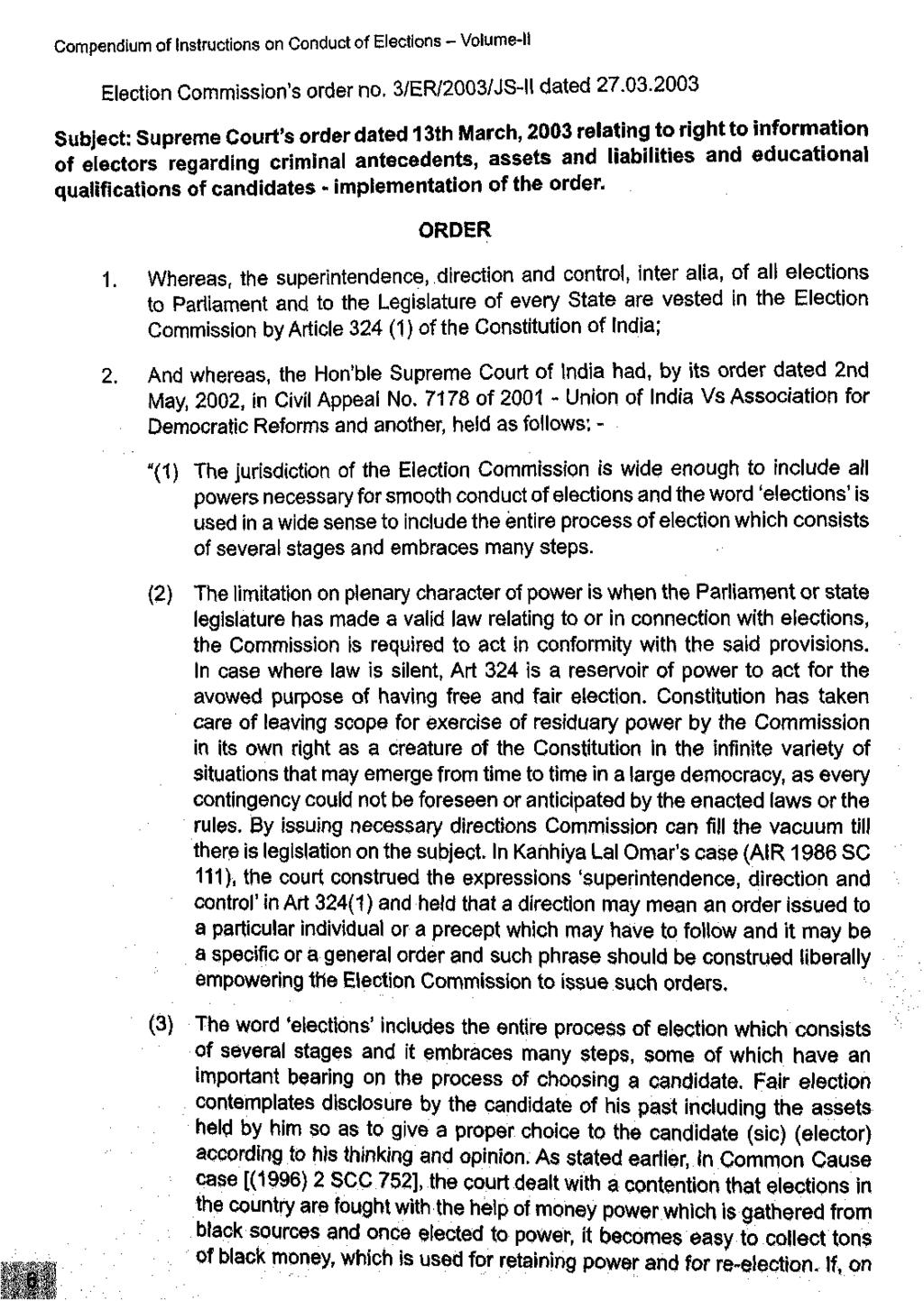 Compendium of Instructions on Conduct of Elections - Volume-ll Election Commission's order no. 3/ER/2003/