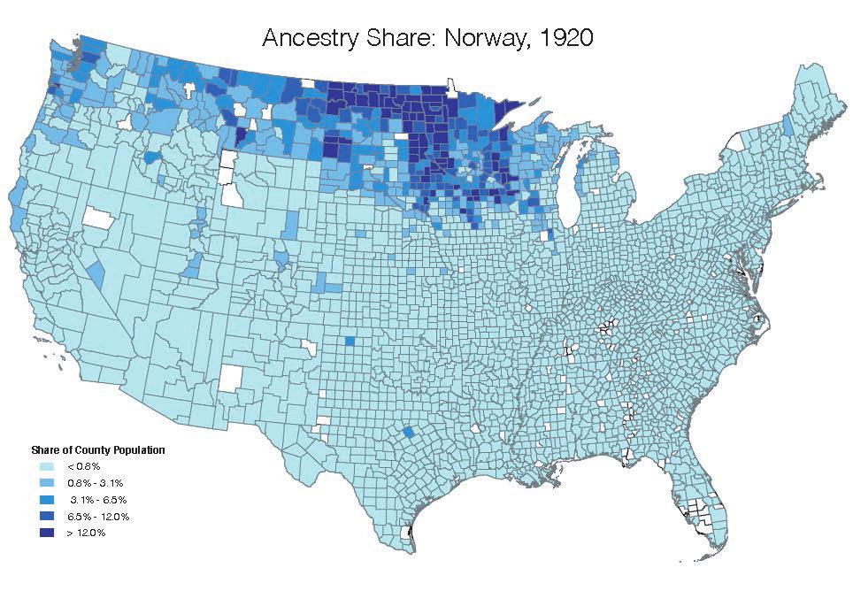 Abramitzky and Boustan: Immigration in American Economic History 9 Panel C. Ancestry Share: Norway, 1920 Share of county population < 0.8% 0.8% 3.1% 3.1% 6.5% 6.5% 12% > 12% Figure 4.