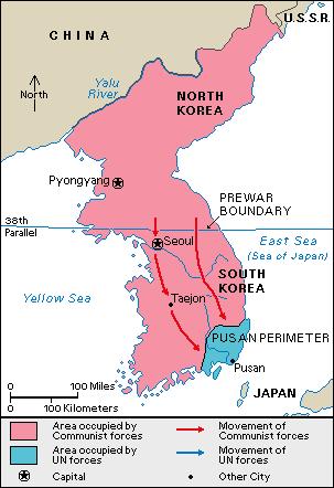 North Korea Invades Bolstered by equipment and weapons from USSR and China and indirect support, North invaded in April 1950 Quickly pushed through the South to