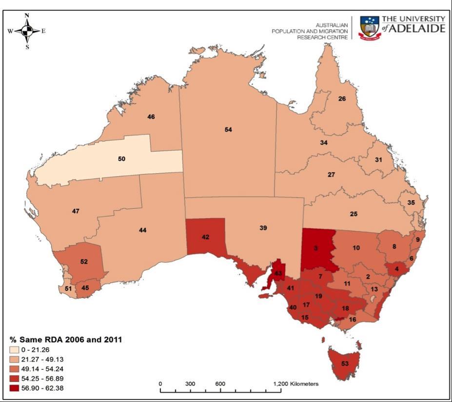 Figure 3.7: Australia: Percent Lived in Same RDA Five Years Ago by RDA, 2011 Source: ABS Census data 2006, 2011 The 20 RDAs with the highest proportions of sedentary populations are listed in Table 3.