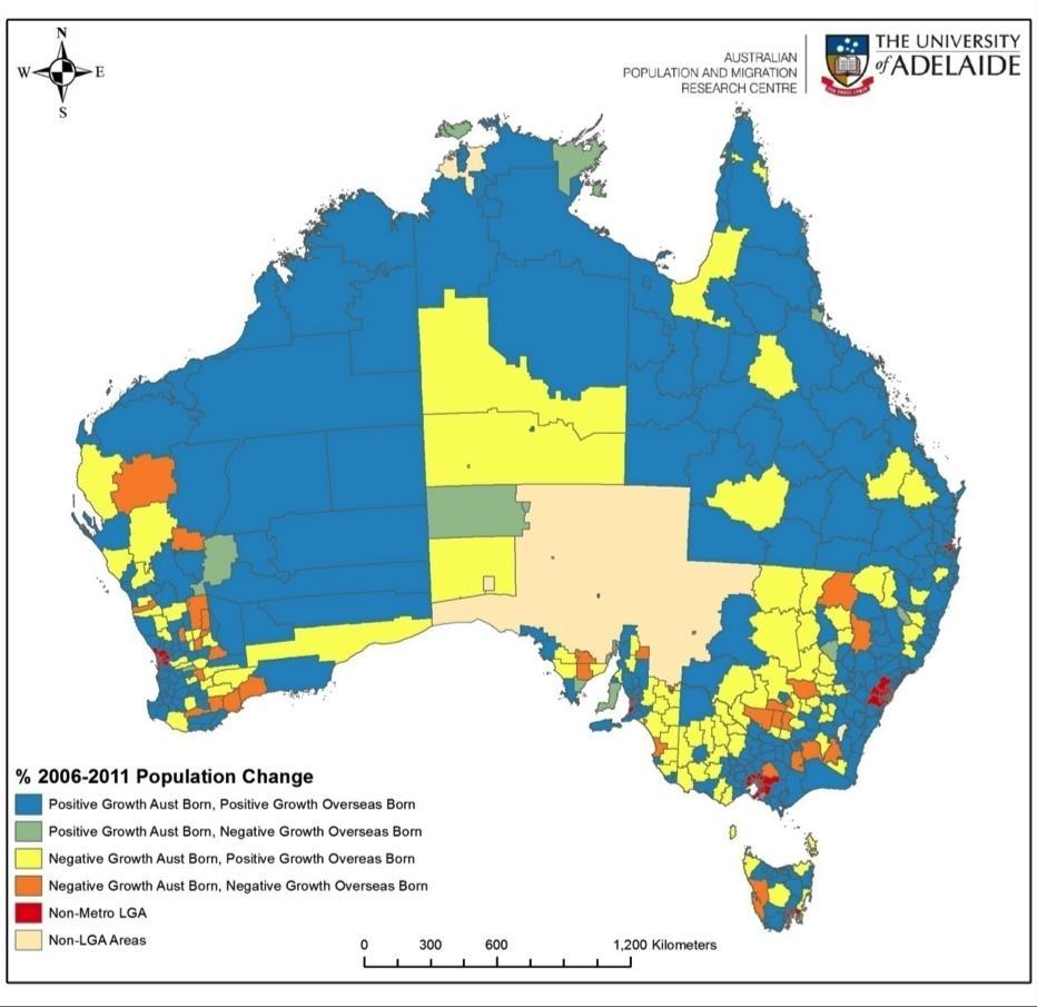 LGAs where there is a net gain of overseas-born but a net loss of Australia-born. This is particularly characteristic of inland areas of the wheat-sheep belt. Figure 4.
