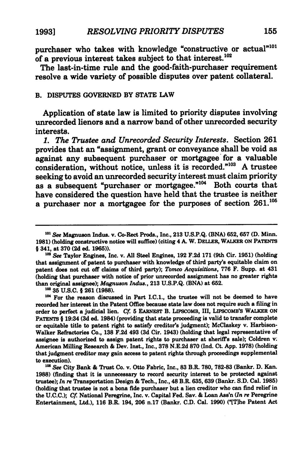 Heald: Resolving Priority Disputes in Intellectual Property Collateral 1993] RESOLVING PRIORITY DISPUTES 155 purchaser who takes with knowledge "constructive or actual" 1 1 of a previous interest