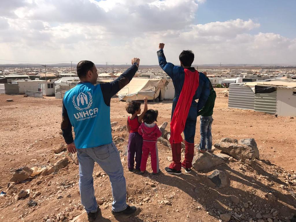 PUBLIC INFORMATION AND FUNDRAISING Bin Baz, an Emirati social media influencer, dressed as Superman at the Zaatari refugee camp.