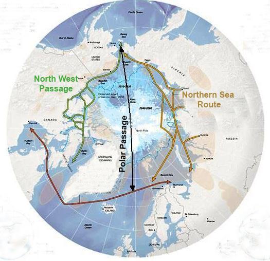 Figure 12 Polar Passage Shipping Route Source Adapted from http://www.arcticbridge.com/arctic%20bridge.gif The reductions in distance are substantial, up to 31% for the Shanghai Rotterdam route.