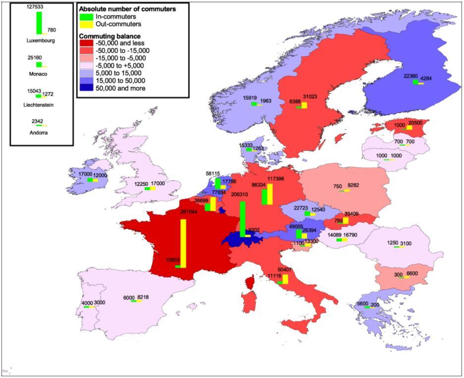 25 Map 4: Commuting balance by countries for the years 2006/2007 55 As regards workers leaving their country of residence to work in neighbouring countries (outcommuting), one can observe the